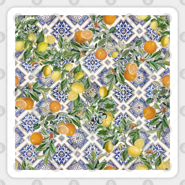 Sicilian Mediterranean tiles and citrus fruit, oranges, lemons Sticker by Bloomartgallery